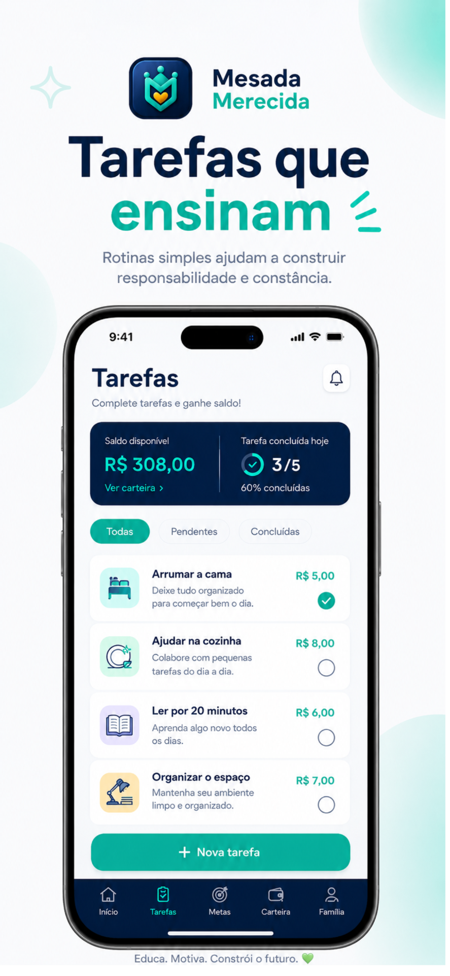 Tela Tarefas — rotinas que ensinam responsabilidade e constância