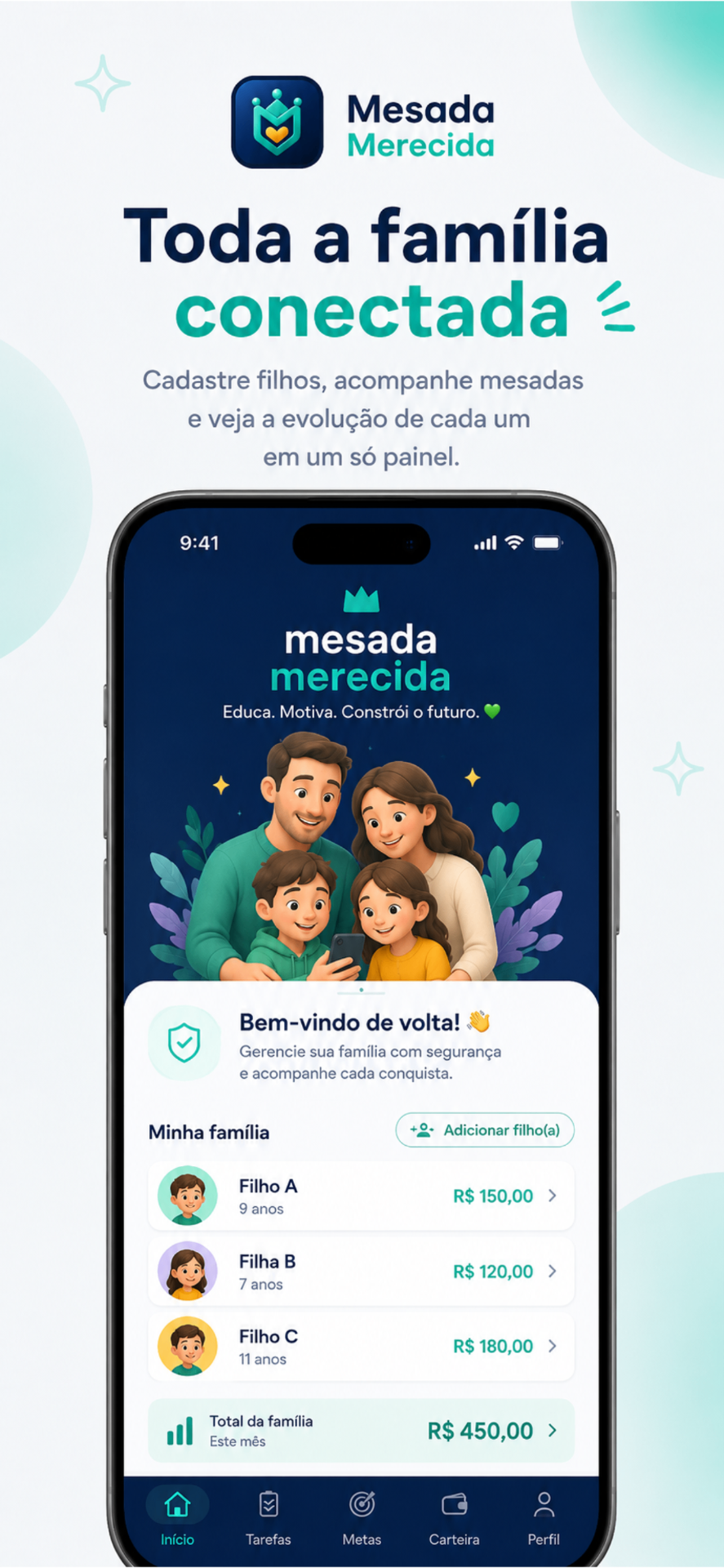 Tela Família — todos os filhos cadastrados em um só painel